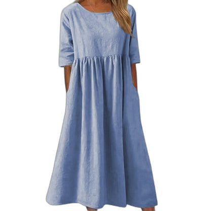 Effortless Blue Linen Midi Dress for Women with Crew Neck Short Sleeve A Line Flowing Casual Style