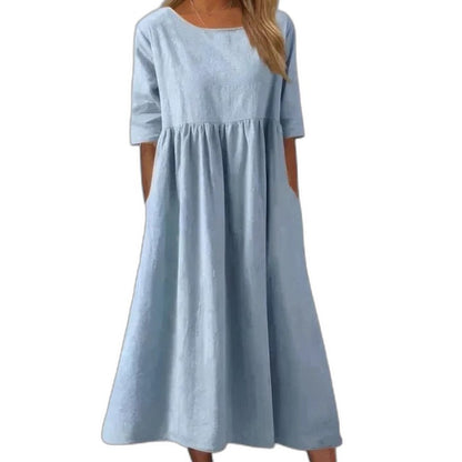 Effortless Blue Linen Midi Dress for Women with Crew Neck Short Sleeve Flowing Oversized Casual Style
