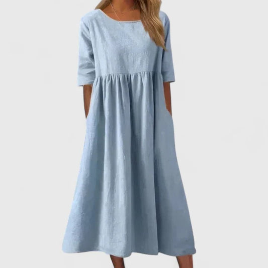 Effortless Blue Linen Midi Dress for Women with Crew Neck Short Sleeve Flowing Oversized Casual Style