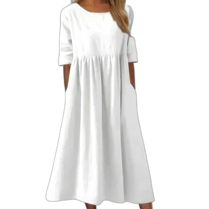 Effortless Blue Linen Midi Dress for Women with Crew Neck Short Sleeve Flowing Oversized Casual Style