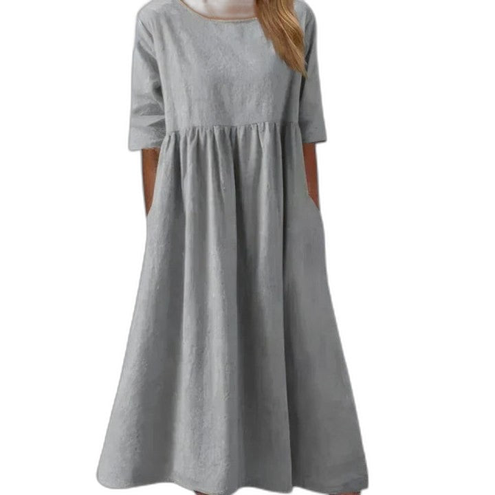 Effortless Blue Linen Midi Dress for Women with Crew Neck Short Sleeve Flowing Oversized Casual Style