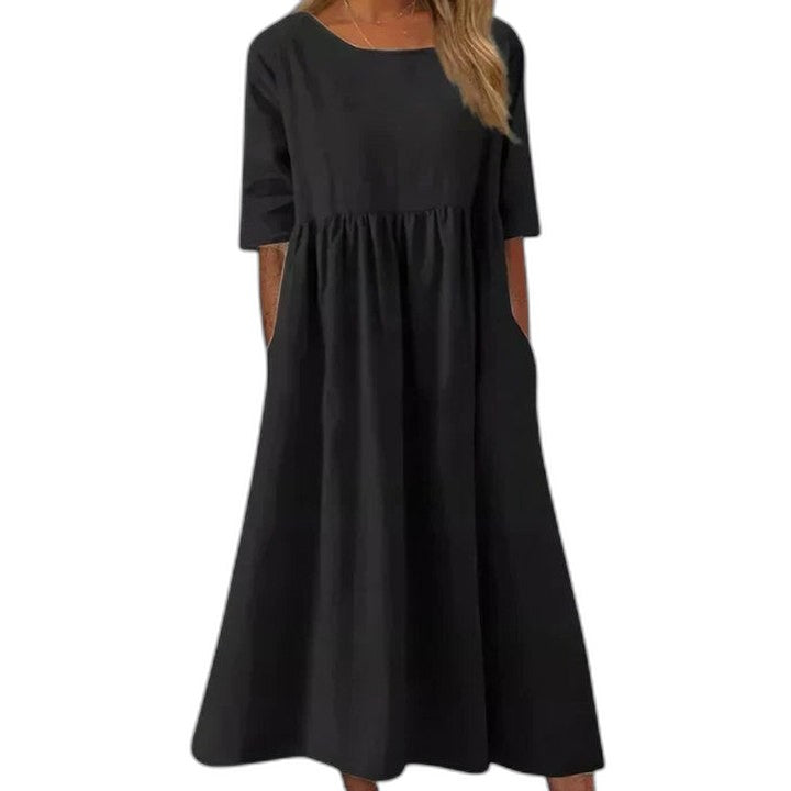 Effortless Blue Linen Midi Dress for Women with Crew Neck Short Sleeve Flowing Oversized Casual Style