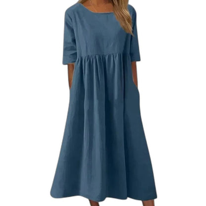 Effortless Blue Linen Midi Dress for Women with Crew Neck Short Sleeve Flowing Oversized Casual Style