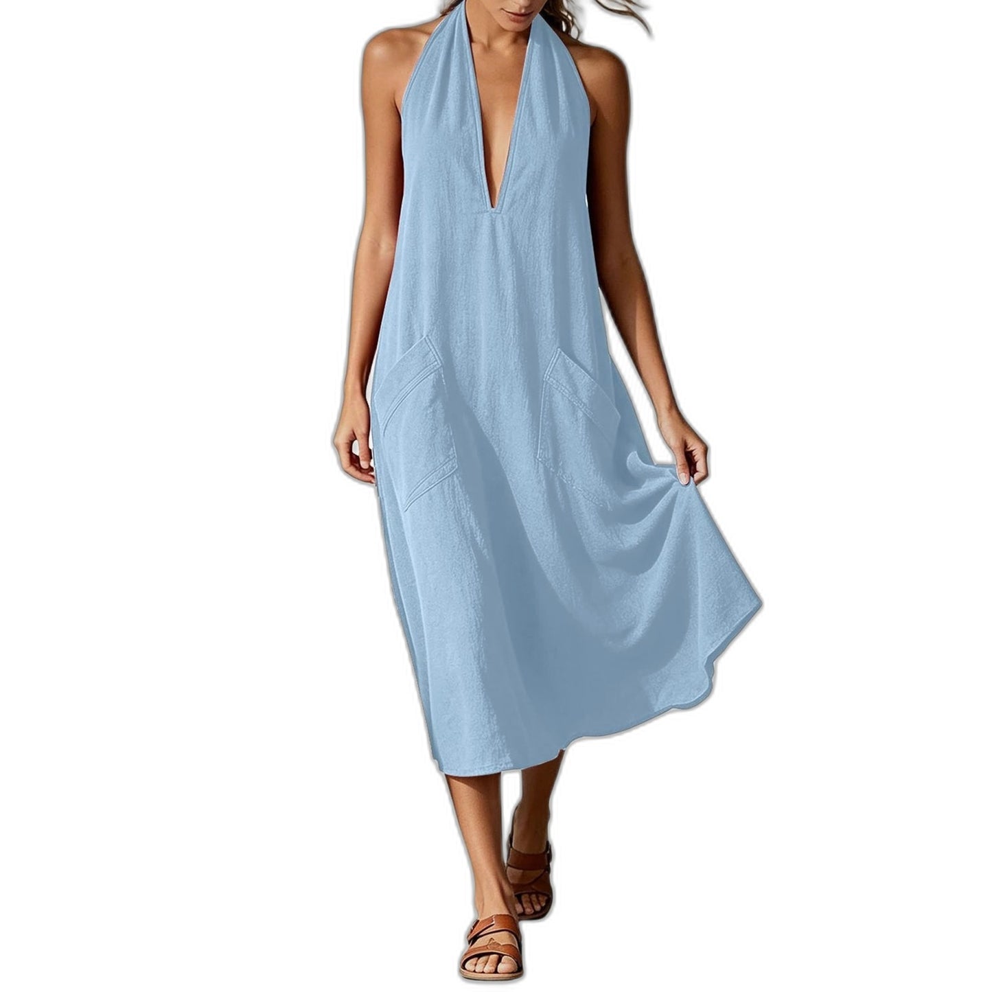 Effortless Blue Linen Midi Dress for Women with Halter Sleeveless Flowing Casual Style