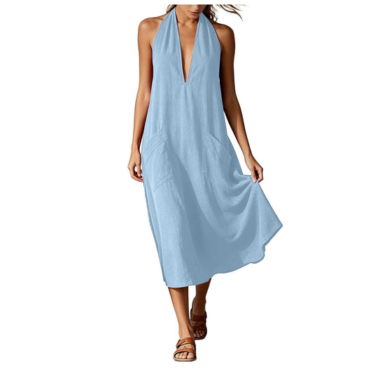Effortless Blue Linen Midi Dress for Women with Halter Sleeveless Flowing Casual Style