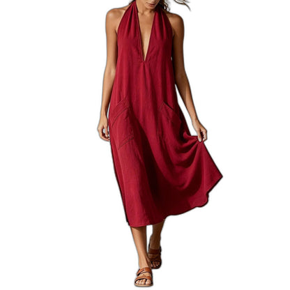 Effortless Blue Linen Midi Dress for Women with Halter Sleeveless Flowing Casual Style