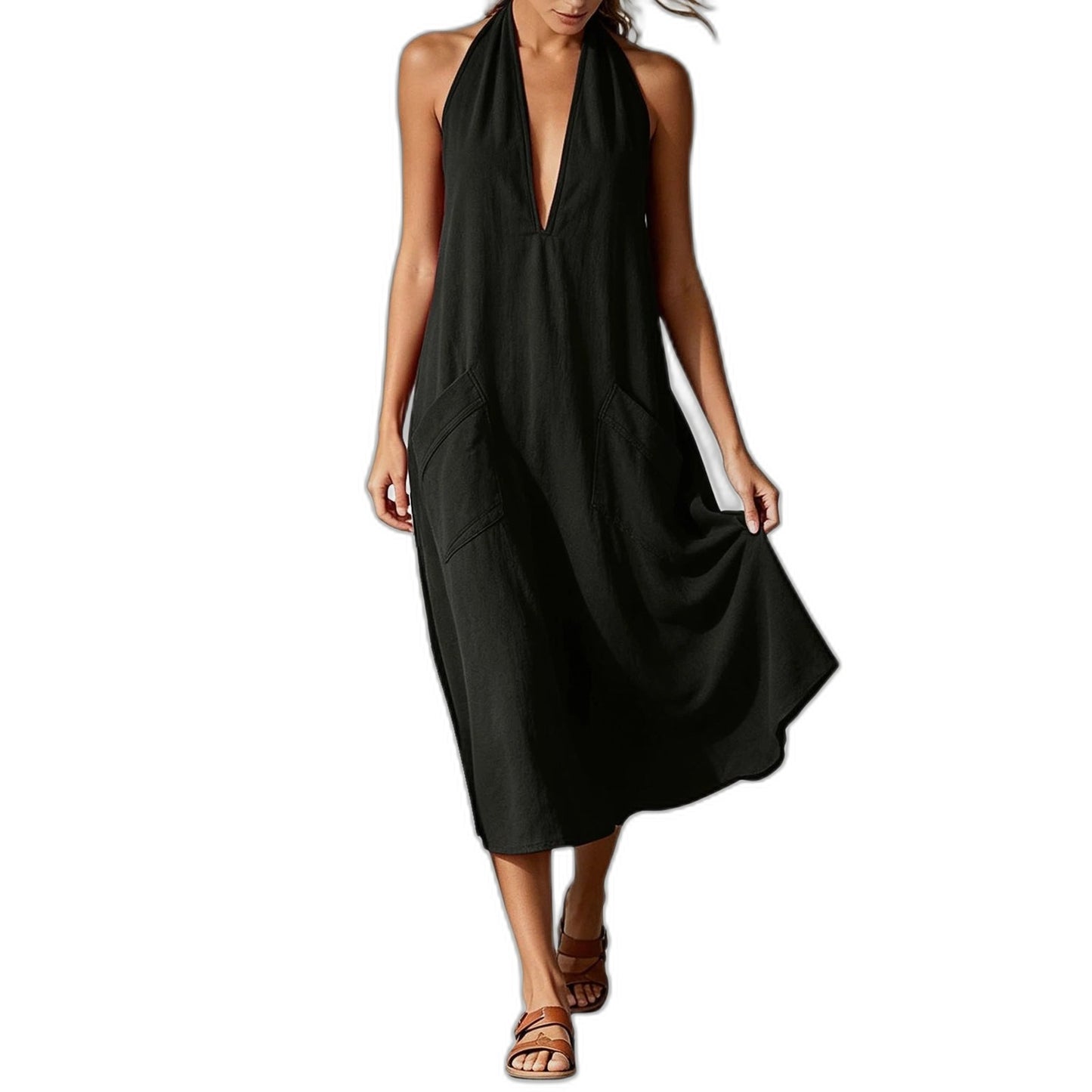 Effortless Blue Linen Midi Dress for Women with Halter Sleeveless Flowing Casual Style
