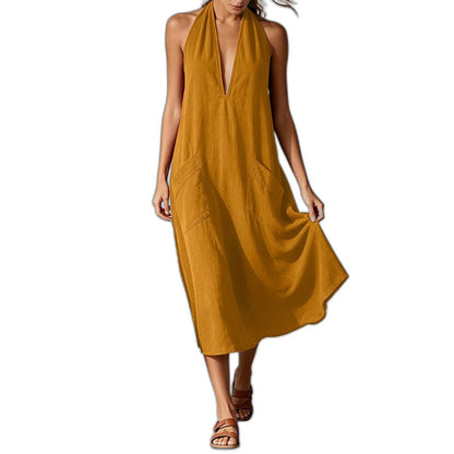 Effortless Blue Linen Midi Dress for Women with Halter Sleeveless Flowing Casual Style