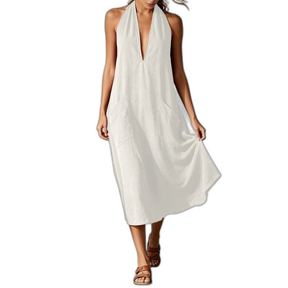 Effortless Blue Linen Midi Dress for Women with Halter Sleeveless Flowing Casual Style
