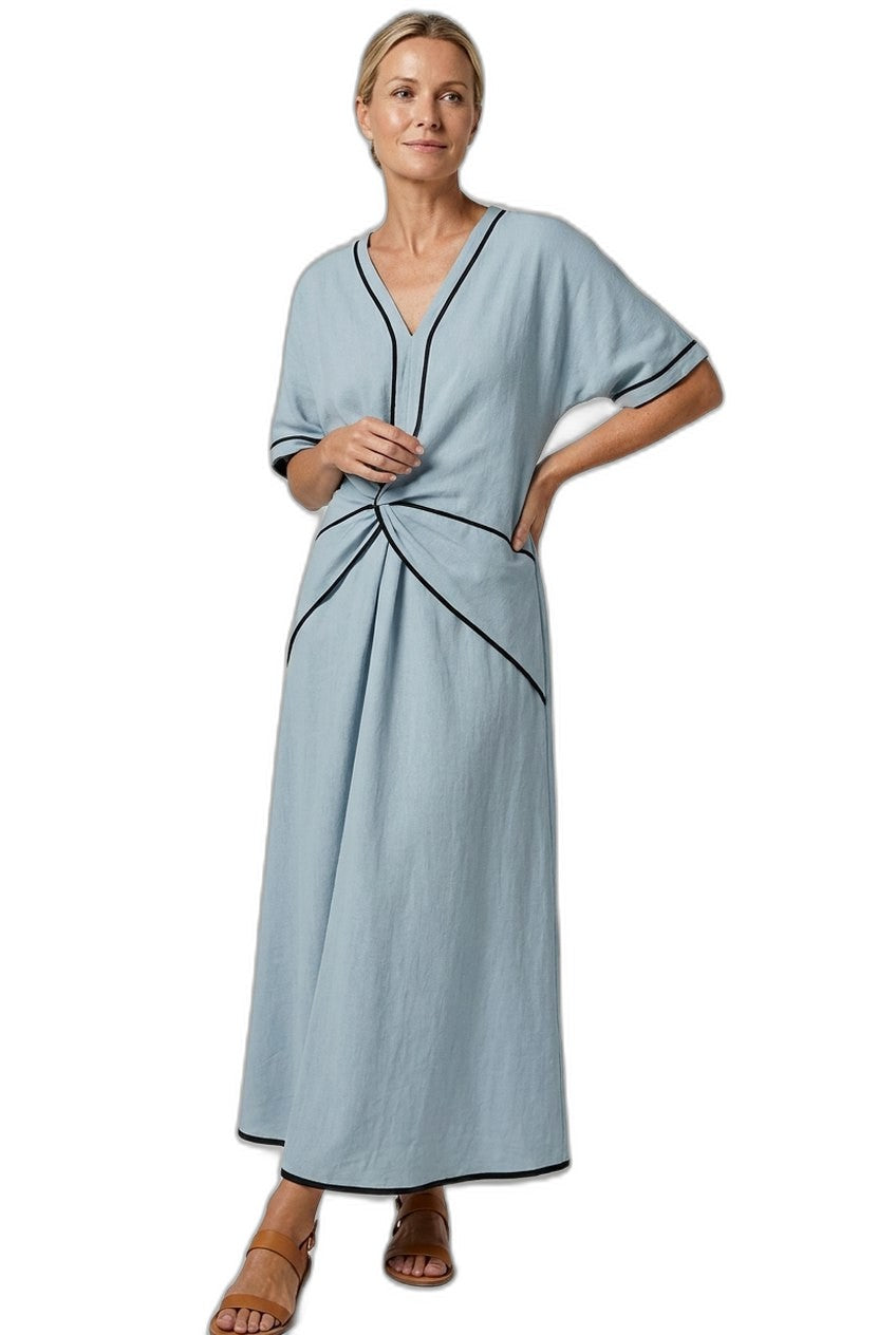Effortless Blue Linen Midi Dress for Women with V Neck Short Sleeve Flowing Pockets Twist Front Casual Style