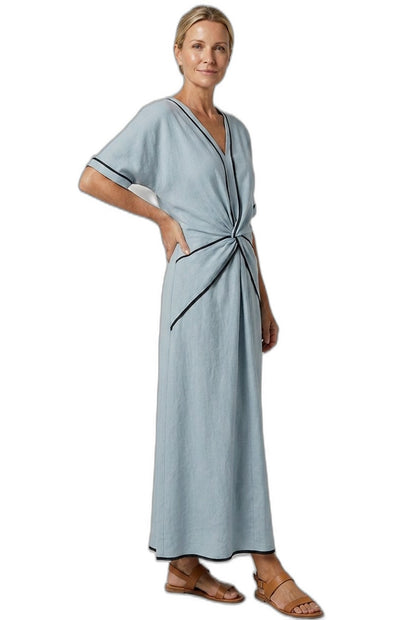Effortless Blue Linen Midi Dress for Women with V Neck Short Sleeve Flowing Pockets Twist Front Casual Style