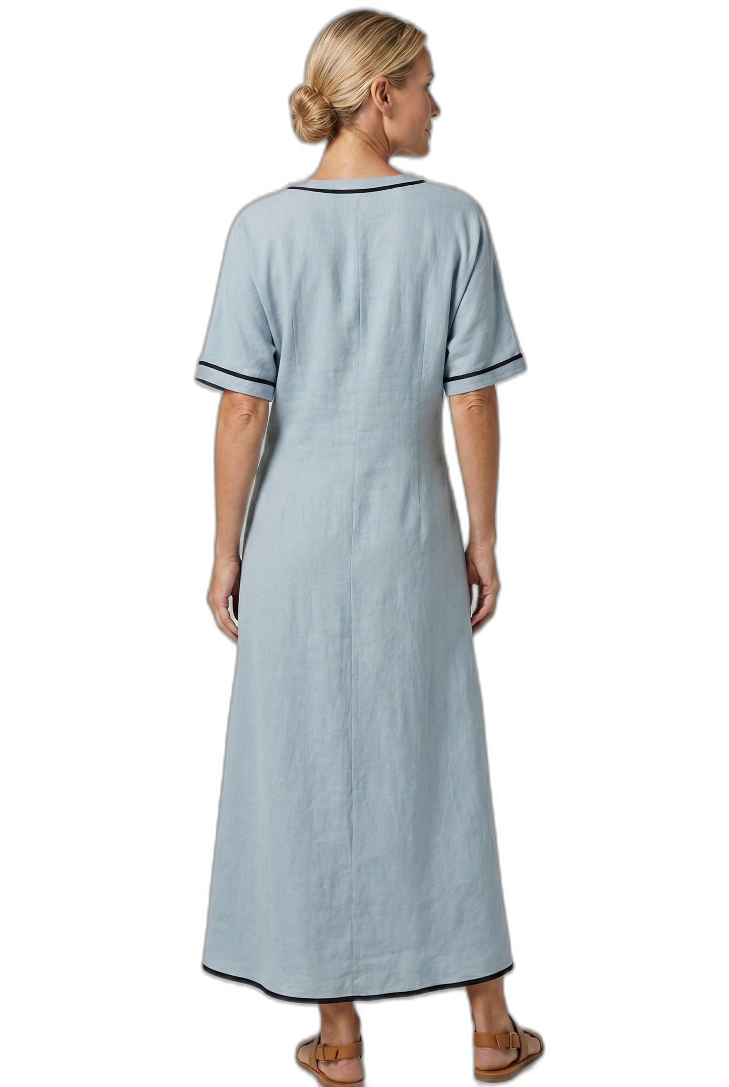 Effortless Blue Linen Midi Dress for Women with V Neck Short Sleeve Flowing Pockets Twist Front Casual Style