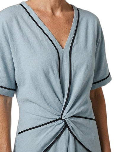 Effortless Blue Linen Midi Dress for Women with V Neck Short Sleeve Flowing Pockets Twist Front Casual Style