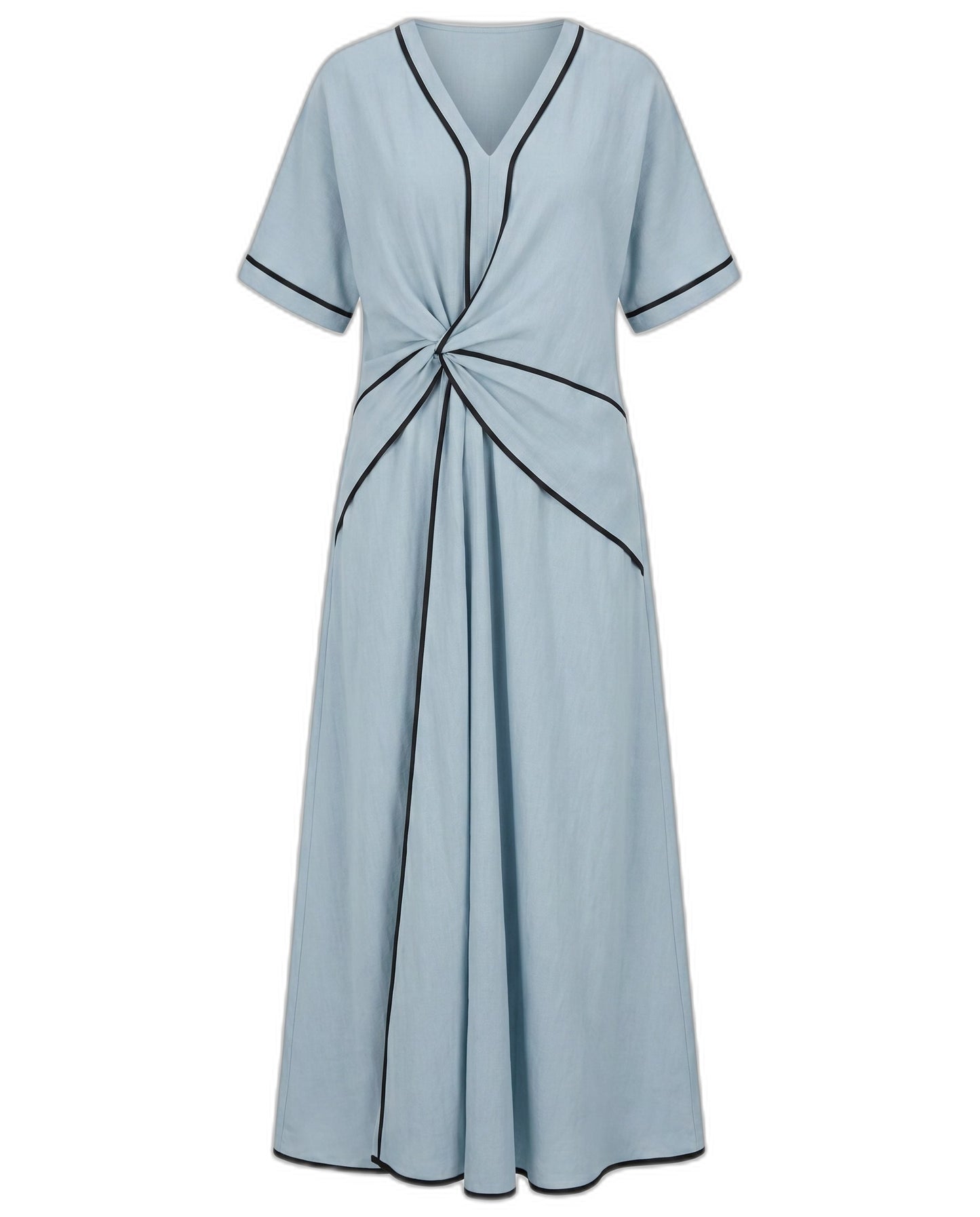 Effortless Blue Linen Midi Dress for Women with V Neck Short Sleeve Flowing Pockets Twist Front Casual Style