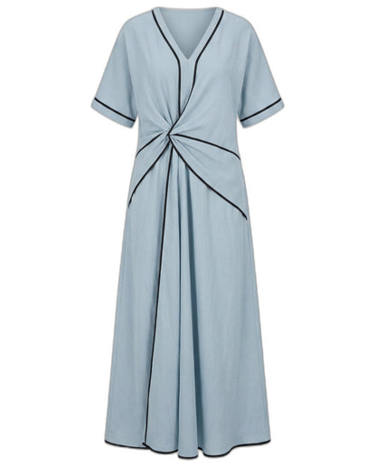 Effortless Blue Linen Midi Dress for Women with V Neck Short Sleeve Flowing Pockets Twist Front Casual Style