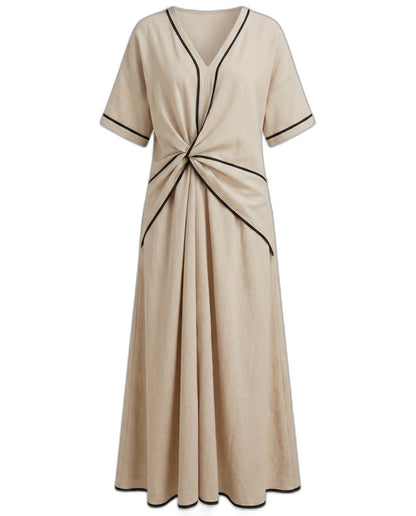 Effortless Blue Linen Midi Dress for Women with V Neck Short Sleeve Flowing Pockets Twist Front Casual Style