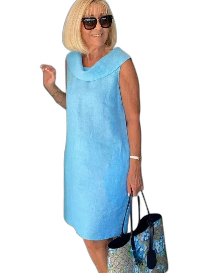 Effortless Blue Linen Mini Dress for Women with Collared Sleeveless Flowing Casual Style