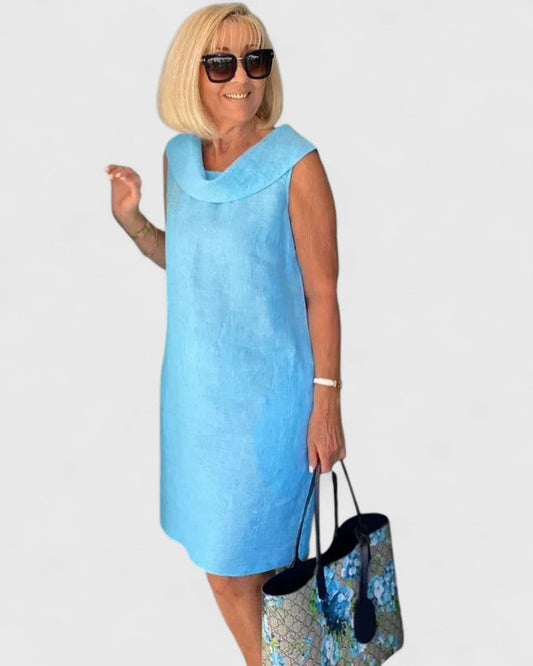 Effortless Blue Linen Mini Dress for Women with Collared Sleeveless Flowing Casual Style