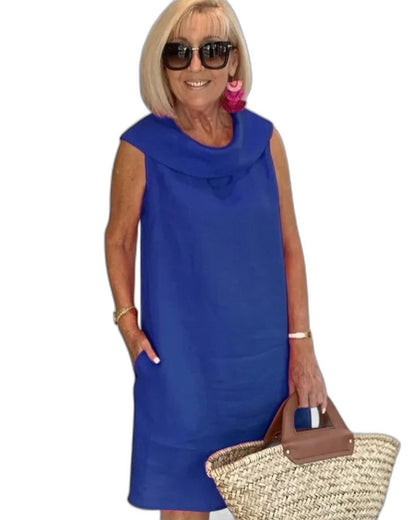 Effortless Blue Linen Mini Dress for Women with Collared Sleeveless Flowing Casual Style