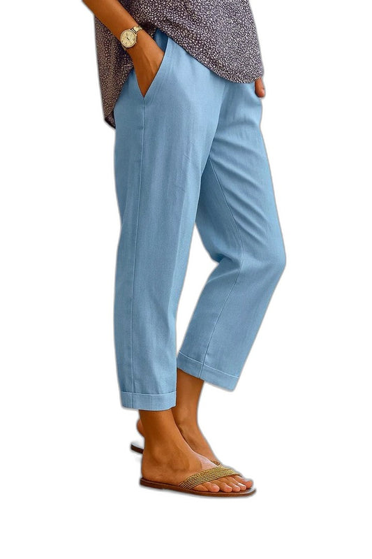 Effortless Blue Linen Pants for Women with Cropped Straight Leg Pockets Casual Style