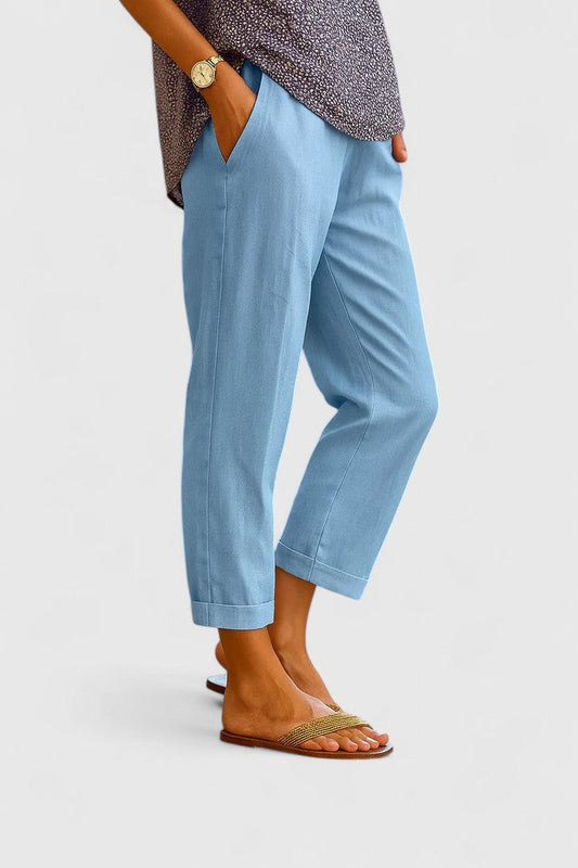 Effortless Blue Linen Pants for Women with Cropped Straight Leg Pockets Casual Style