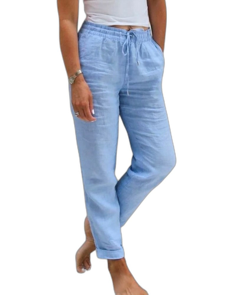 Effortless Blue Linen Pants for Women with High Waisted Straight Leg Casual Style