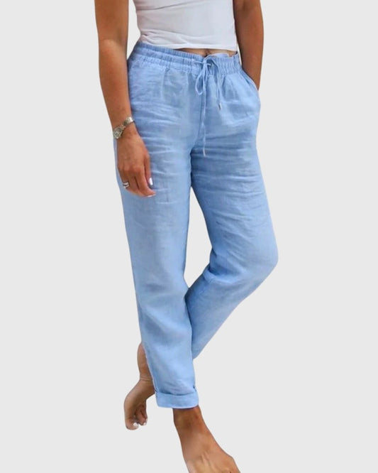 Effortless Blue Linen Pants for Women with High Waisted Straight Leg Casual Style