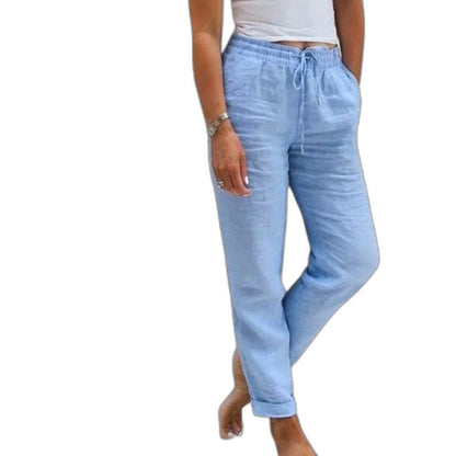 Effortless Blue Linen Pants for Women with High Waisted Straight Leg Casual Style