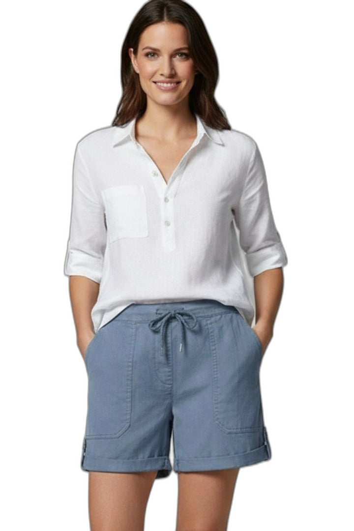 Effortless Blue Linen Shorts for Women with High Waisted Drawstring Pockets Casual Style