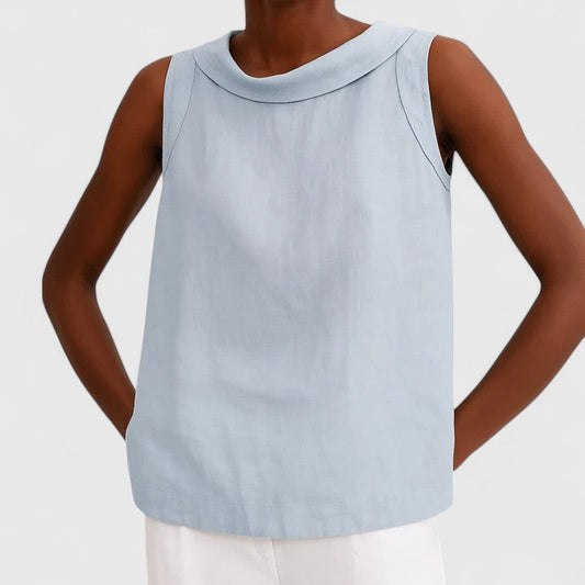 Effortless Blue Linen Tank Top for Women with Boat Neck Sleeveless Casual Style