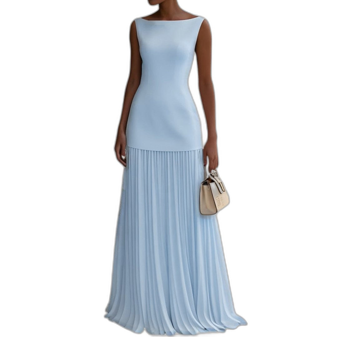 Effortless Blue Maxi Dress for Women with Boat Neck Sleeveless Pleated Flowing Casual Style