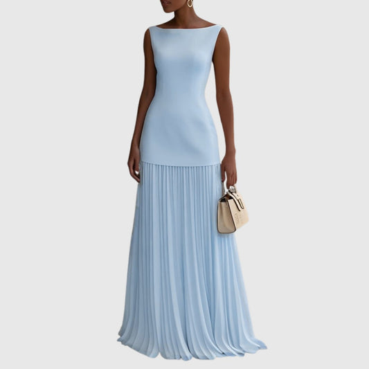 Effortless Blue Maxi Dress for Women with Boat Neck Sleeveless Pleated Flowing Casual Style