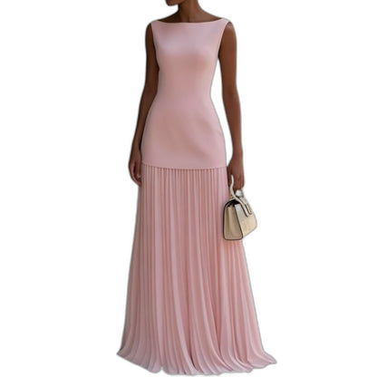 Effortless Blue Maxi Dress for Women with Boat Neck Sleeveless Pleated Flowing Casual Style