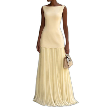 Effortless Blue Maxi Dress for Women with Boat Neck Sleeveless Pleated Flowing Casual Style