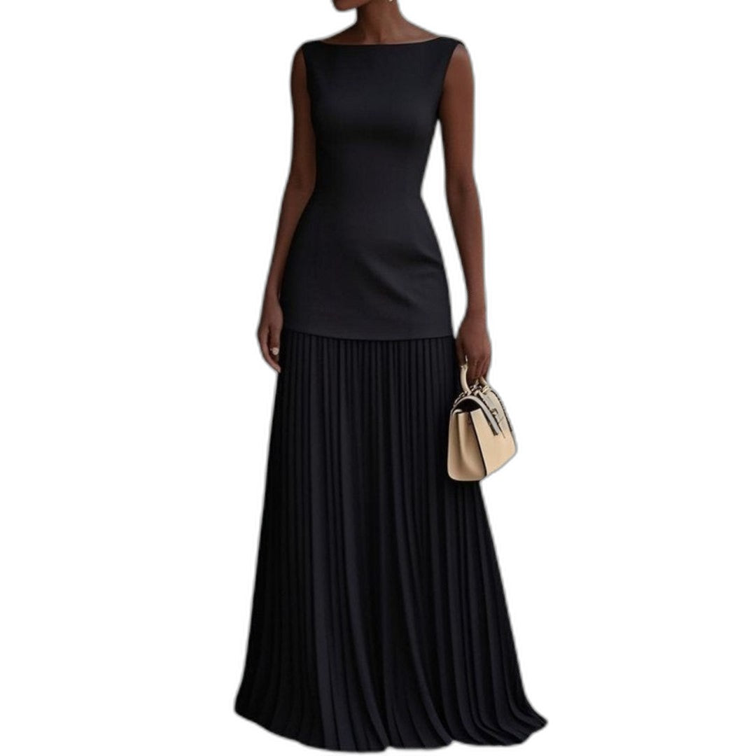 Effortless Blue Maxi Dress for Women with Boat Neck Sleeveless Pleated Flowing Casual Style