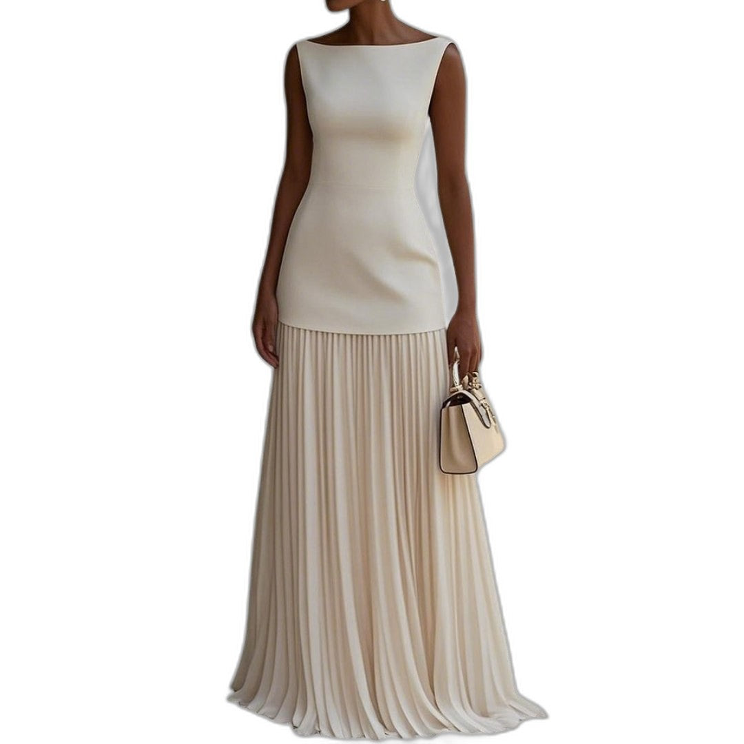 Effortless Blue Maxi Dress for Women with Boat Neck Sleeveless Pleated Flowing Casual Style