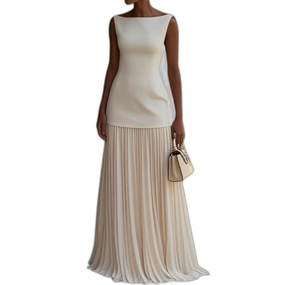 Effortless Blue Maxi Dress for Women with Boat Neck Sleeveless Pleated Flowing Casual Style