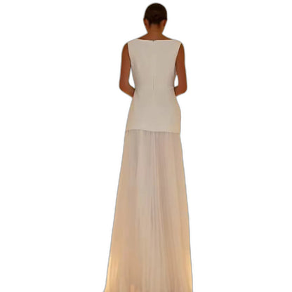 Effortless Blue Maxi Dress for Women with Boat Neck Sleeveless Pleated Flowing Casual Style