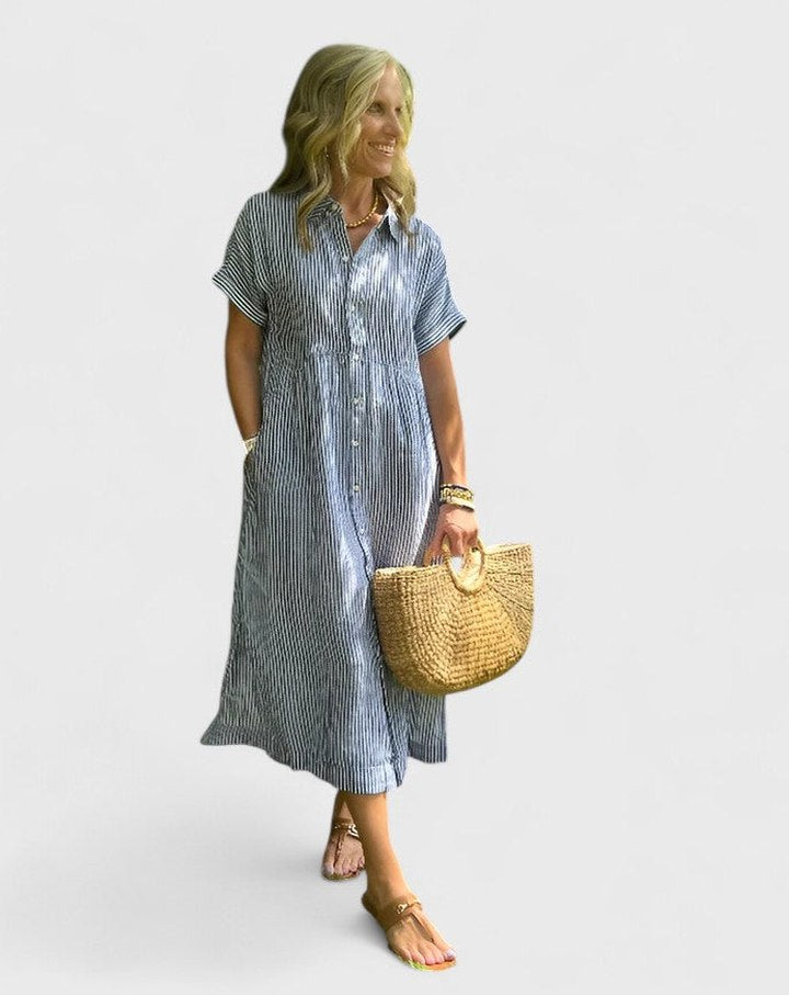 Effortless Blue Maxi Dress for Women with Collared Short Sleeve Button Front Flowing Casual Style