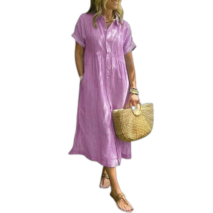 Effortless Blue Maxi Dress for Women with Collared Short Sleeve Button Front Flowing Casual Style