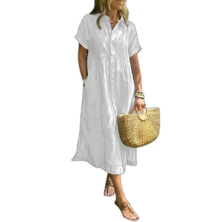 Effortless Blue Maxi Dress for Women with Collared Short Sleeve Button Front Flowing Casual Style