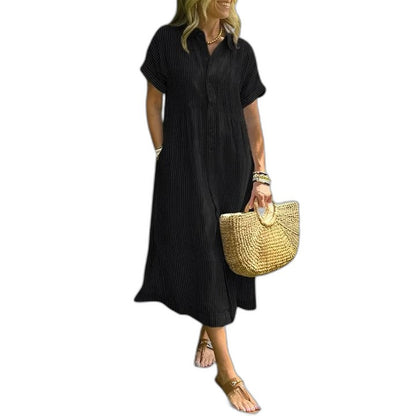 Effortless Blue Maxi Dress for Women with Collared Short Sleeve Button Front Flowing Casual Style