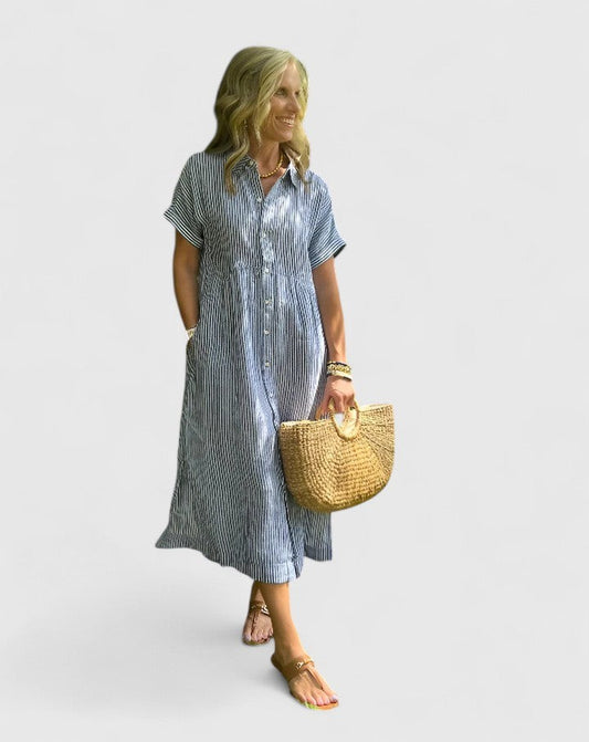 Effortless Blue Maxi Dress for Women with Collared Short Sleeve Button Front Flowing Casual Style