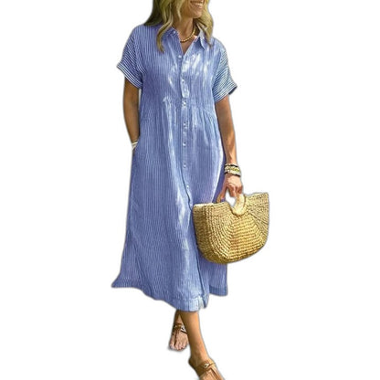 Effortless Blue Maxi Dress for Women with Collared Short Sleeve Button Front Flowing Casual Style