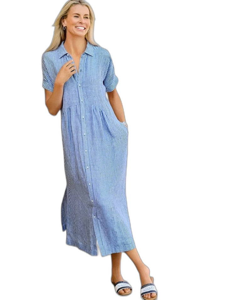 Effortless Blue Maxi Dress for Women with Collared Short Sleeve Button Front Flowing Casual Style