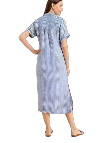 Effortless Blue Maxi Dress for Women with Collared Short Sleeve Button Front Flowing Casual Style