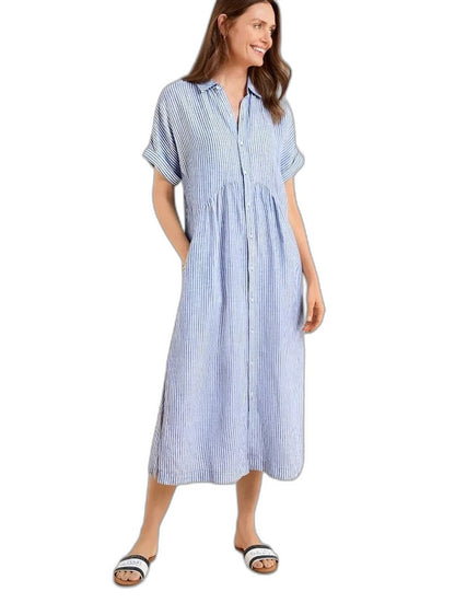 Effortless Blue Maxi Dress for Women with Collared Short Sleeve Button Front Flowing Casual Style