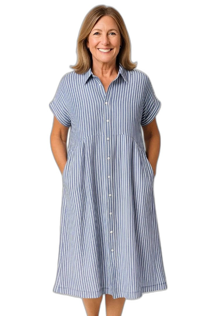 Effortless Blue Maxi Dress for Women with Collared Short Sleeve Button Front Flowing Casual Style