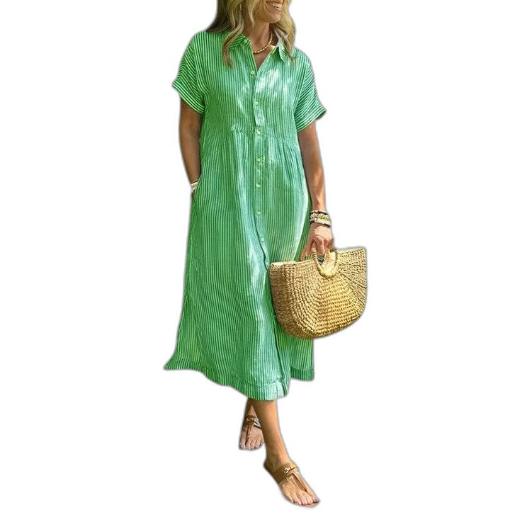 Effortless Blue Maxi Dress for Women with Collared Short Sleeve Button Front Flowing Casual Style