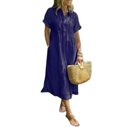 Effortless Blue Maxi Dress for Women with Collared Short Sleeve Button Front Flowing Casual Style